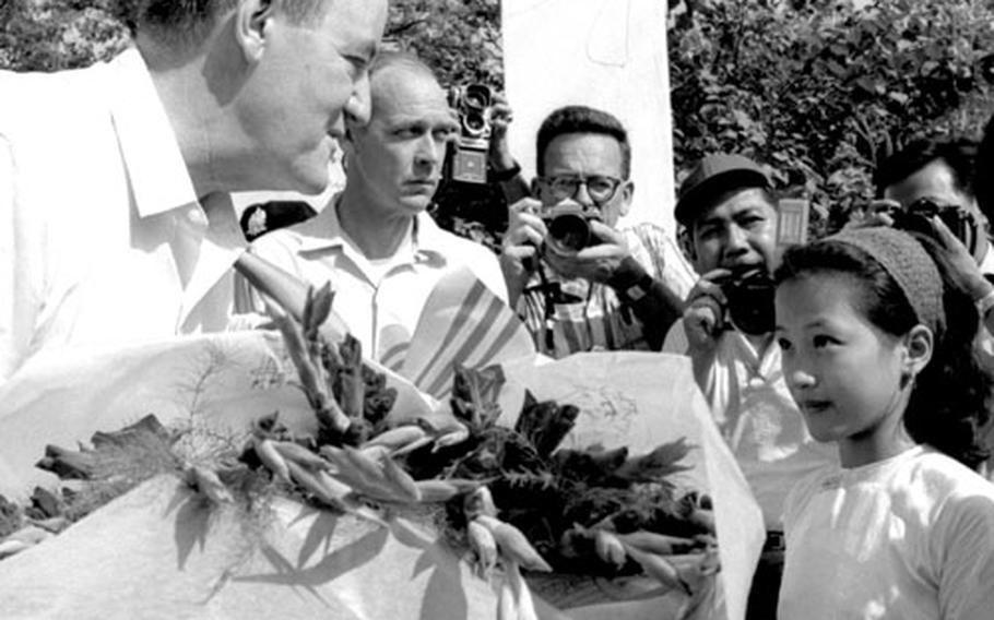 Vice President Hubert H. Humphrey visits Saigon's Trung Thu School, built for orphans of Vietnamese police officers, in February, 1966