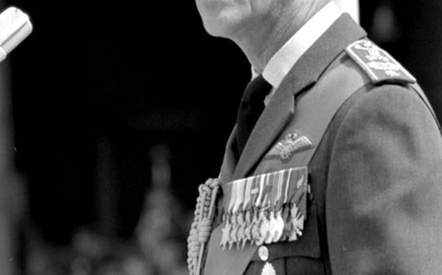 Britain&#39;s Prince Philip speaks to Canadian Air Force units at Soellingen Air Base, Germany, in May, 1973.