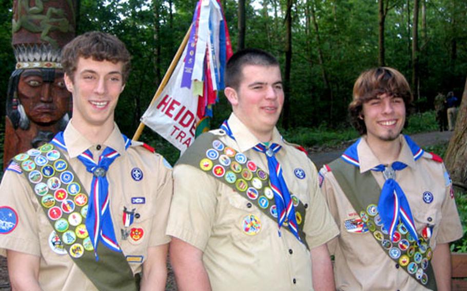 From left, Stephen Harvey, Christopher Blose and Nathan Hokenson, all received their Eagle Scout award, the Boy Scouts’ highest honor, during a ceremony June 1.