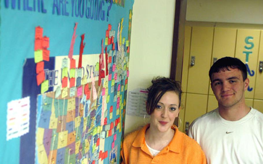 To help people track where fellow classmates and faculty are headed, Giessen school librarian Jan Jensen posted a “Where are you going?” map. Junior Sasha Curry, left, is returning to the States, but isn’t sure where, while senior K.C. Brown is thinking of joining the U.S. Coast Guard.