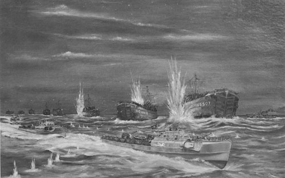 An artist&#39;s rendering of the scene off Slapton Sands during Operation Tiger, when German fast attack boats, known as E-Boats, foreground, hit American landing ships with torpedoes, killing hundreds.