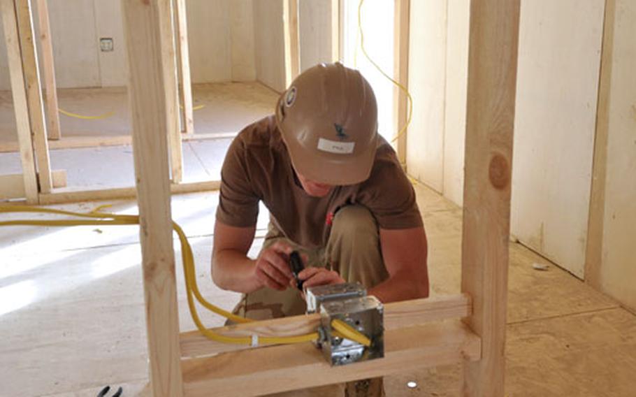 Petty Officer 2nd Class James Pyle, a Navy Seabee, works at the construction site at Forward Operating Base Sharana.