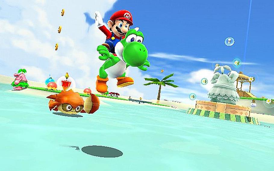 Mario and Yoshi bound across a planet’s surface in “Super Mario Galaxy 2.”