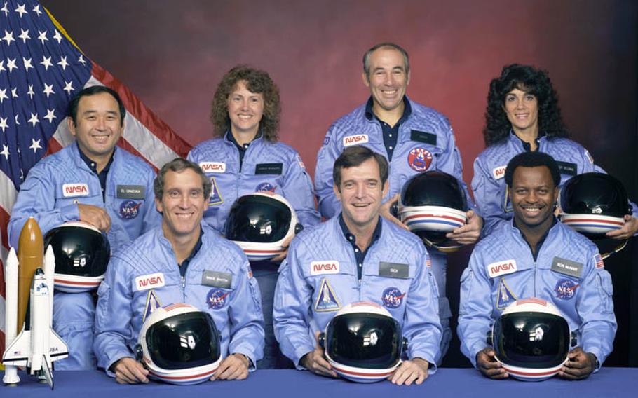 Seven people aboard the Challenger were lost on the morning of January 28, 1986, when a booster engine failed, causing the shuttle to break apart just 73 seconds after launch. The crew: Front row from left, Mike Smith, Dick Scobee, Ron McNair. Back row from left, Ellison Onizuka, Christa McAuliffe, Greg Jarvis, Judith Resnik. 