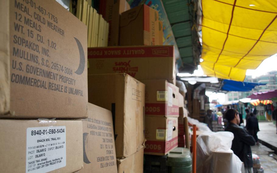 American military “Meals, Ready-to-Eat” are stacked in Kabul’s “Bush Market,” which specializes in goods apparently stolen from American supply convoys. The meals, which are U.S. government property, are clearly marked with the label “Commercial resale is unlawful.”