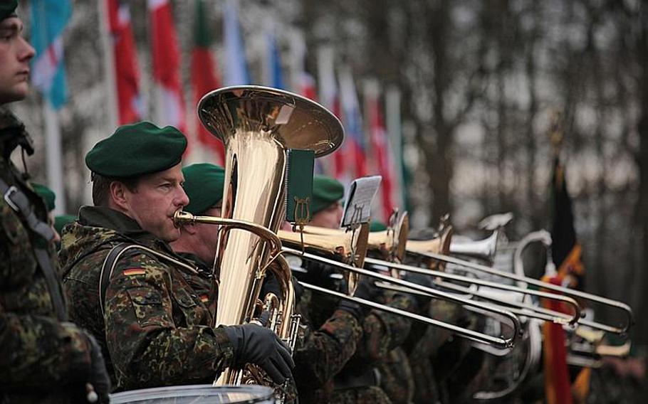 A German band plays to introduce Adm. James G. Stavridis, Supreme Allied Commander Europe, who presided over the change of command Friday at NATO's Allied Joint Force Command Brunssum.