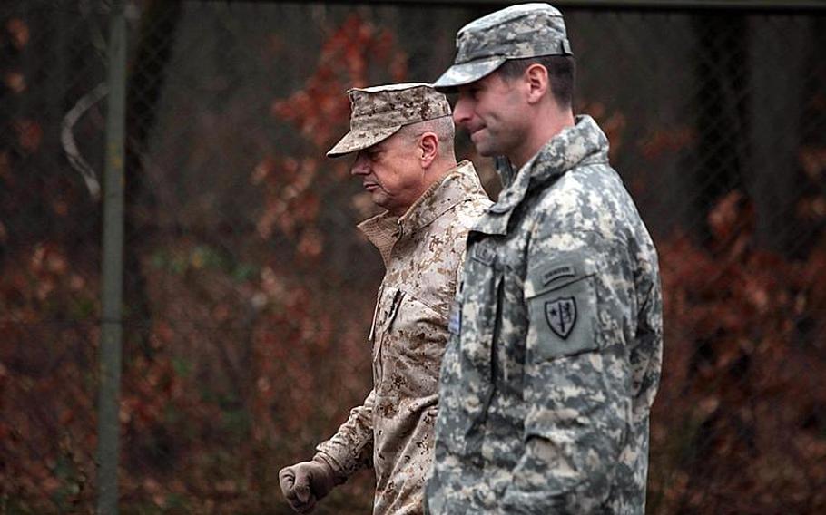 Marine Gen. John R. Allen, left, flew in from Kabul, Afghanistan, to attend the handover of NATO's Allied Joint Force Command Brunssum from German Gen. Wolf Langheld to German Gen. Hans-Lothar Domröse. Allen, whose nomination to become the next Supreme Allied Commander Europe is on hold, would serve as Domröse's boss should his nomination be approved.