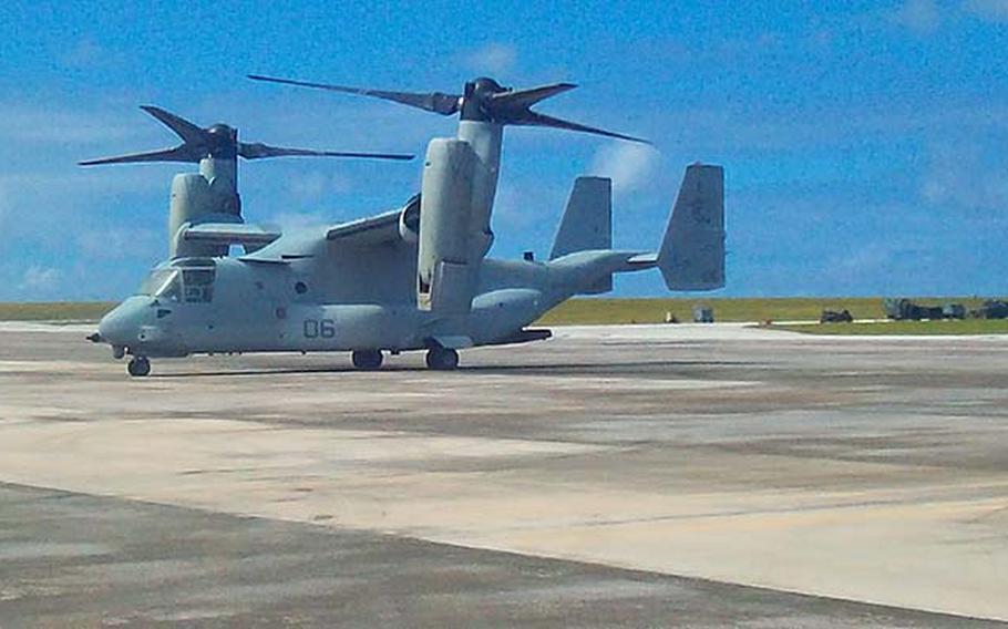 One of three MV-22 Ospreys participating in exercise Forager Fury sits on the flight line at Andersen Air Force Base, Thursday, Dec. 13, 2012. The airplane-helicopter hybrid is touted for its ability to go farther, faster and carry more than other helicopters and reach far-flung locales that airplanes could not.