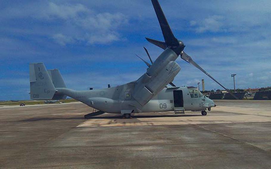 One of three MV-22 Ospreys participating in exercise Forager Fury sits on the flight line at Andersen Air Force Base, Thursday, Dec. 13, 2012. The airplane-helicopter hybrid is touted for its ability to go farther, faster and carry more than other helicopters and reach far-flung locales that airplanes could not.