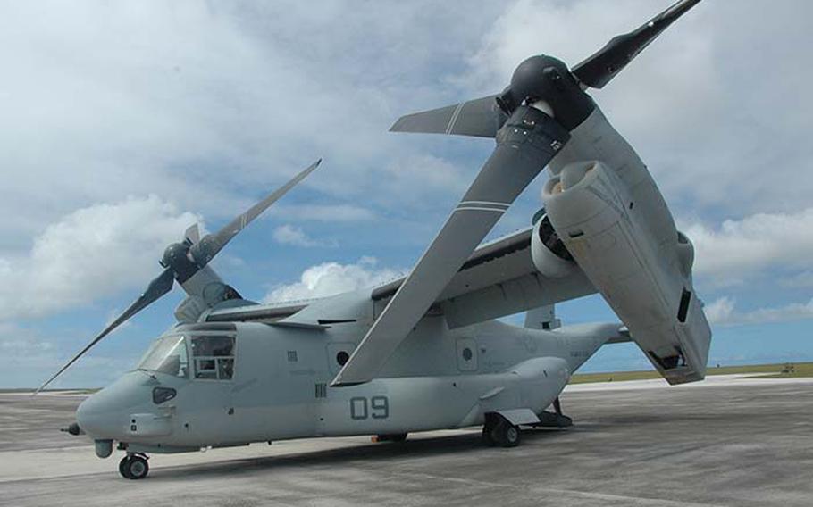 One of three MV-22 Ospreys participating in exercise Forager Fury sits on the flight line at Andersen Air Force Base, Thursday, Dec. 13, 2012. The airplane-helicopter hybrid is touted for its ability to go farther, faster and carry more than other helicopters and reach far-flung locales that airplanes could not.