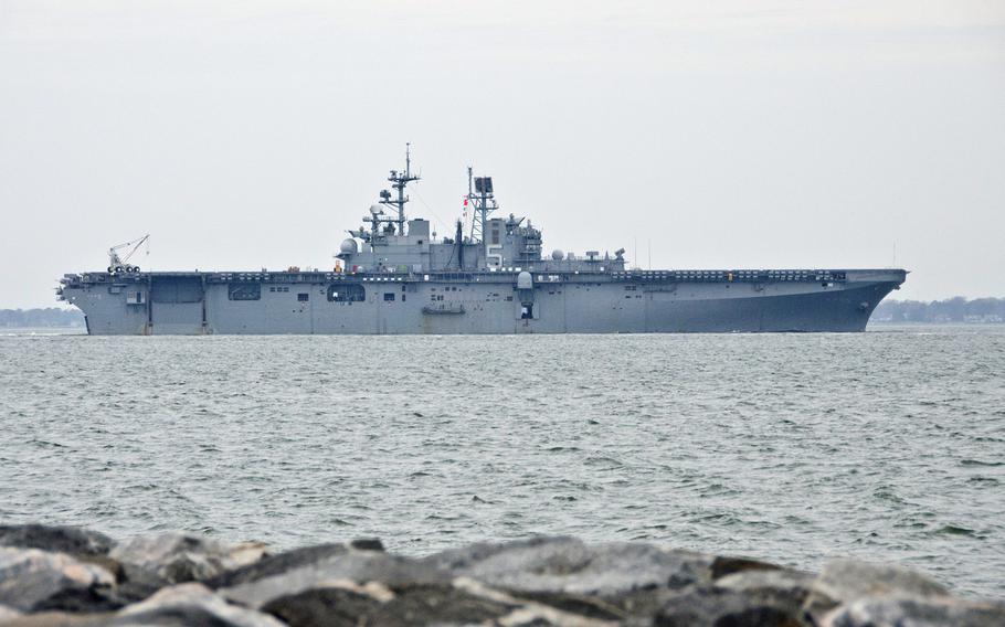 The multipurpose amphibious assault ship USS Bataan departs Naval Station Norfolk, Va., on Feb. 8, 2014, leading an Amphibious Ready Group to the U.S. Navy's 6th and 5th Fleets areas of operation. The Bataan Amphibious Ready Group is on a scheduled deployment in support of maritime security operations, crisis response and theater security cooperation. Julie Matyascik/Courtesy U.S. Navy