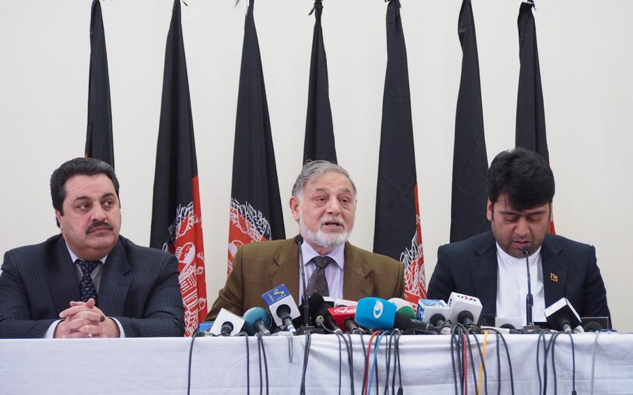 Mohammad Yousuf Nuristani, director of Afghanistan's Independent Election Commission, addresses reporters Wednesday, April 9, 2014, in Kabul. Nuristani said that violence throughout the country during Saturday's presidential election did not have a major impact on the vote.