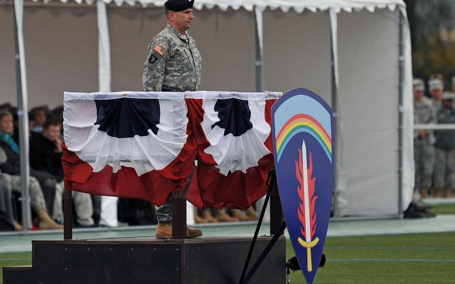 The new commander of U.S. Army Europe, Lt. Gen. Frederick ''Ben'' Hodges watches the proceedings during the change-of-command ceremony in Wiesbaden, Germany, Wednesday, Nov. 5, 2014. Hodges took over from Lt. Gen. Donald Campbell Jr., who is retiring.