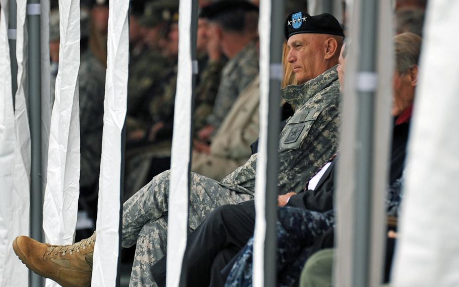 Army Chief of Staff Gen. Ray Odierno watches the U.S. Army Europe change-of-command ceremony in Wiesbaden, Germany, Wednesday, Nov. 5, 2014. Lt. Gen. Frederick ''Ben'' Hodges took the reins from Lt. Gen. Donald Campbell Jr. at the ceremony.