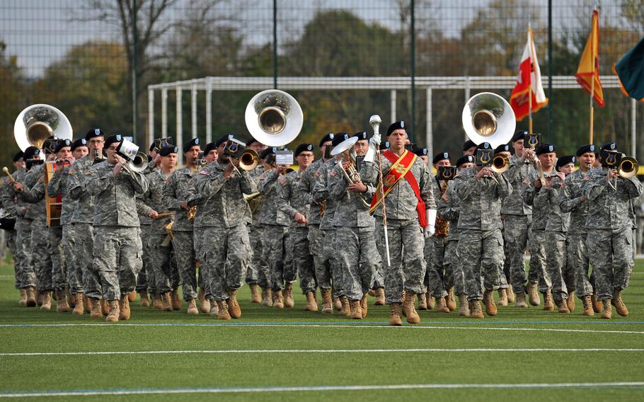 The U.S. Army Europe band marches on the field during the U.S. Army Europe change-of-command ceremony in Wiesbaden, Germany, Wednesday, Nov. 5, 2014.