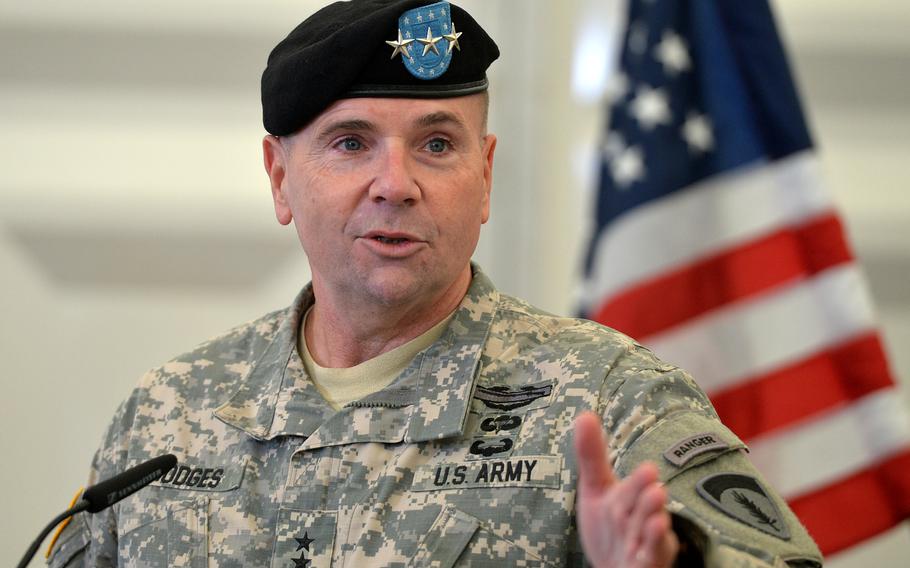 Incoming U.S. Army Europe commander Lt. Gen. Frederick ''Ben'' Hodges talks to the media following the USAREUR change-of-command ceremony in Wiesbaden, Germany, Wednesday, Nov. 5, 2014. Hodges took the USAREUR reins from Lt. Gen. Donald Campbell Jr. at the ceremony.