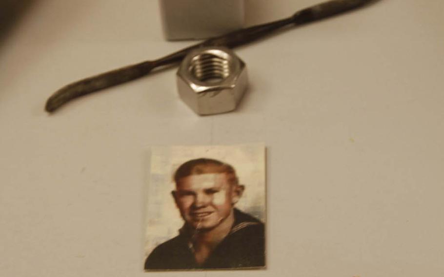 Below-deck galleries on the Missouri display artifacts, mementos and documents from the battleship's early days, including this ring filed down by a sailor from a stainless steel nut during World War II.