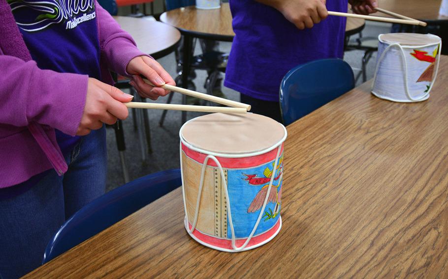 Civil War style drums made by Yokosuka Middle School students as part Civil War history project Dec. 13, 2016.