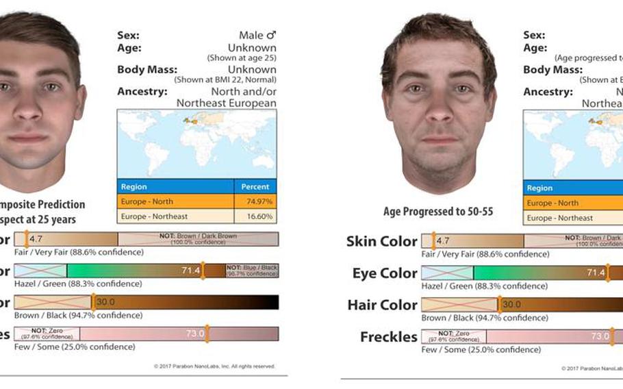 The composite images of a suspect in the murder of Spc. Darlene Krashoc, 20, outside Fort Carson, Colo., in 1987. The image was produced from DNA evidence that predicts how a suspect might look using ancestry information.