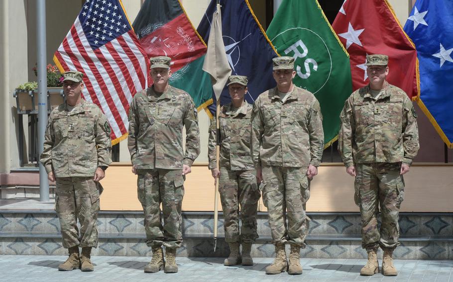 Air Force Lt. Gen. Jeffrey L. Harrigian, Army Gen. John W. Nicholson, Chief Master Sgt. Lisa R. Arnold, Air Force Maj. Gen. Jeffrey B. Taliaferro and Maj. Gen. James B. Hecker attend a change-of-command ceremony at NATO' s Resolute Support headquarters on Tuesday, April 11, 2017. Heccker became commander of 9th Air and Space Expeditionary Task Force-Afghanistan and NATO Air Command-Afghanistan.