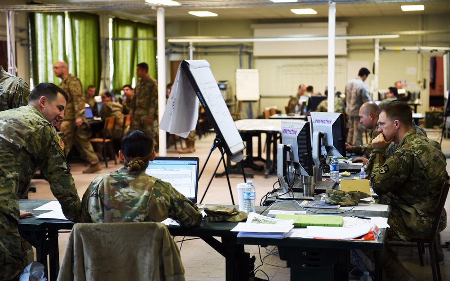 Soldiers with the California National Guard's 40th Infantry Division, at work during Exercise Citadel Guibert, Wednesday, March 21, 2018. Many soldiers with this division will deploy to Afghanistan this Summer.