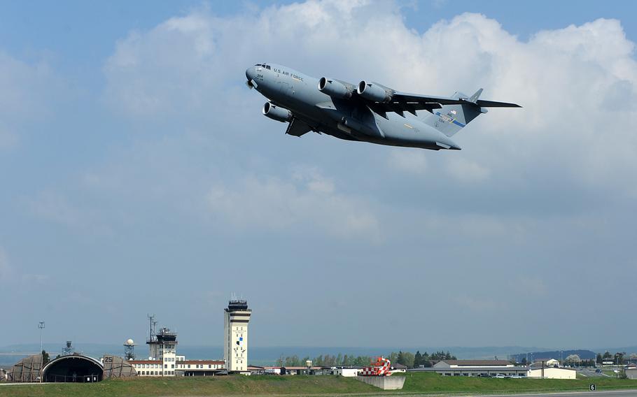 A C-17 Globemaster III takes off from Spangdahlem Air Base, Germany. President Trump is pushing a plan that would demand allies like Germany and Japan pick up the full cost of hosting U.S. troops in their countries, plus a 50 percent premium for American protection, according to a news report.