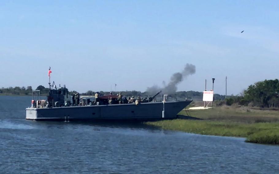 Virginia National Guard soldiers assigned to the Norfolk-based 1st Battalion, 111th Field Artillery Regiment, 116th Infantry Brigade Combat Team conduct waterborne artillery live-fire exercises during Operation Gator April 24-25, 2019, at Camp Lejeune, N.C.