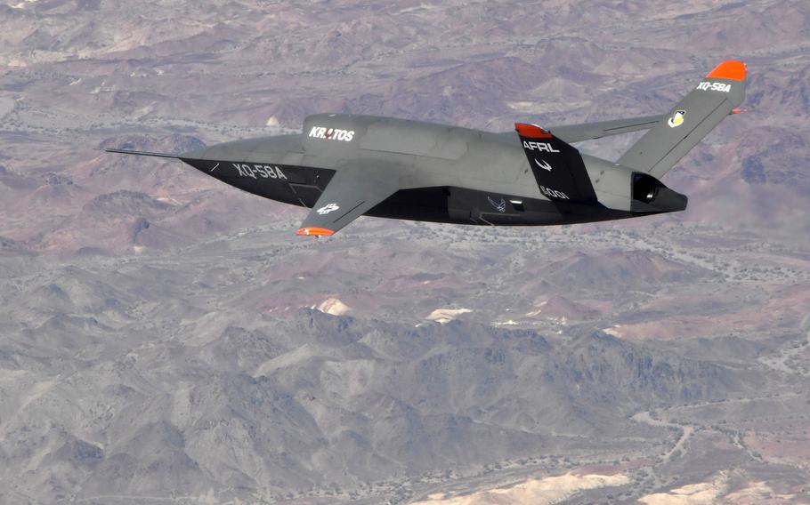 The XQ-58A Valkyrie demonstrator, a long-range, subsonic drone, conducts a 2019 flight. It's made by Kratos Unmanned Aerial Systems, one of the four companies picked to build the Air Force's Skyborg drone, the Air Force Life Cycle Management Center said on July 23, 2020.