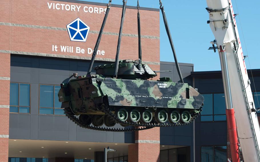 A Bradley Fighting Vehicle is set up in front of the V Corps headquarters at Fort Knox, Ky., Oct. 14, 2020. V Corps officially activated Oct. 16, but it is still not clear when it will send troops to its forward headquarters in Poznan, Poland.