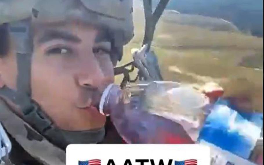 A TikTok video shows a soldier drinking Ocean Spray juice and lip-syncing Fleetwood Mac's "Dreams" during a parachute jump.