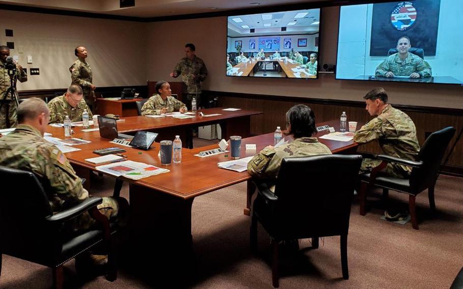 During the XVIII Airborne Corps' ''Dragon's Lair'' innovation challenge on Oct. 27, 2020, Capt. Michael Stevnik of the 82nd Airborne Division pitches an idea for adding the option to reserve training ranges for smaller blocks of time in the Army's range management system.