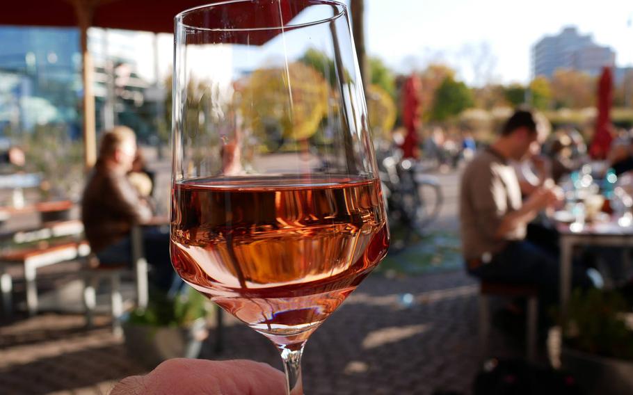 A glass of Cotes de Provence rose wine at Vinocentral in Darmstadt, Germany.