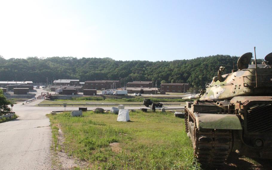 A decommissioned tank overlooks the Rodriguez Live Fire Complex near the Demilitarized Zone in South Korea. The joint American-South Korean base hosted Marines from 3rd Battalion, 2nd Marine Regiment in June for live-fire training and a battalion-wide exercise performed in conjunction with South Korean-based U.S. Army units. 