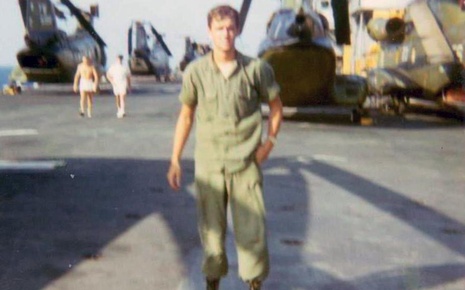 Murrie Hubbard aboard the flight deck of the USS Tripoli during combat ops in Yankee Station in the Gulf of Tonkin, just off the coast of South Vietnam during June-July 1972.