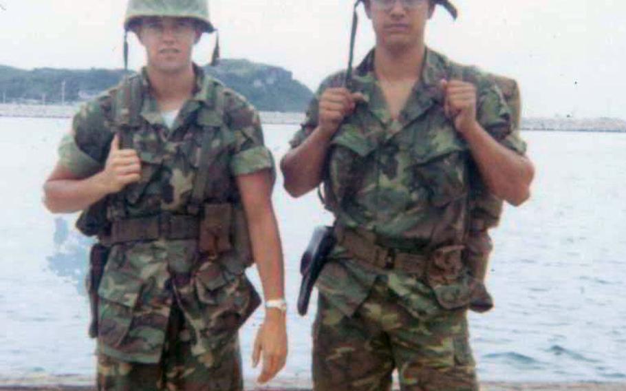 As described by Murrie Hubbard: "Picture of me and my best friend, Marine Lance Cpl. Lee Fennema of Sparta, Mich., as we were just about to board the USS Tripoli at White Beach, Okinawa, on or about June 16, 1972. Our battalion was eventually headed to Vietnam in support of combat ops in the Gulf of Tonkin near the former DMZ."