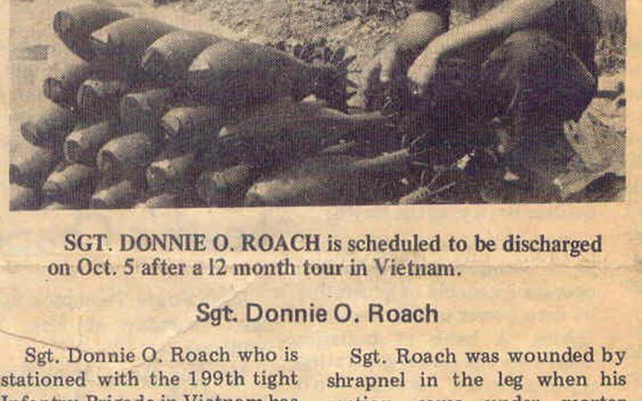 Donnie O. Roach submitted this photo of a newspaper clip describing his discharge. Roach says the photo was taken at a fire support base Myron in Cambodia.