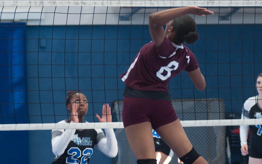 Eliyah Tillamn elevates for a spike during a game between the Baumholder Bucs and Hohenfels on Saturday, Sept 20, 2014. 