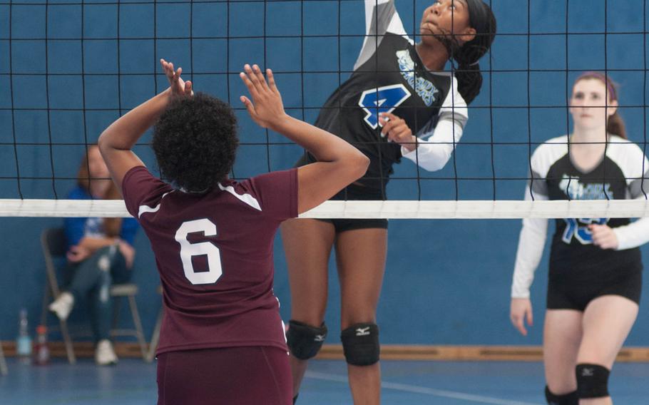 Maia McDaniels was a whirlwind during the match between the Hohenfels Tigers and Baumholder. McDaniels had 14 serves and three aces as the Tigers triumphed 25-11, 25-11 and 25-12 on Saturday, Sept. 20, 2014. 