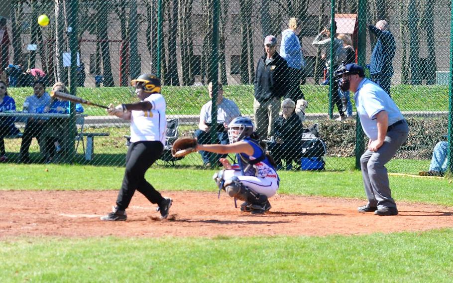Stuttgart's Tayah Curry makes contact with a pitch in the Panthers' 15-6 loss to the Ramstein Royals on Saturday, April 14, 2018 at Ramstein Air Base.