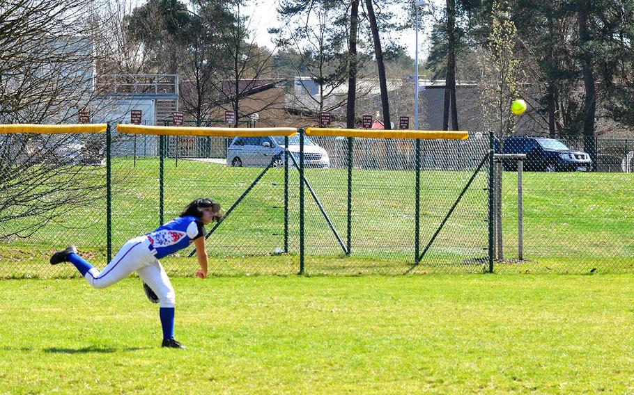 Ramstein left fielder Arianna Rivera throws the ball back to the infield after a Stuttgart hit in the Royals' 15-6 defeat of the Panthers on Saturday, April 14, 2018 at Ramstein Air Base. 
