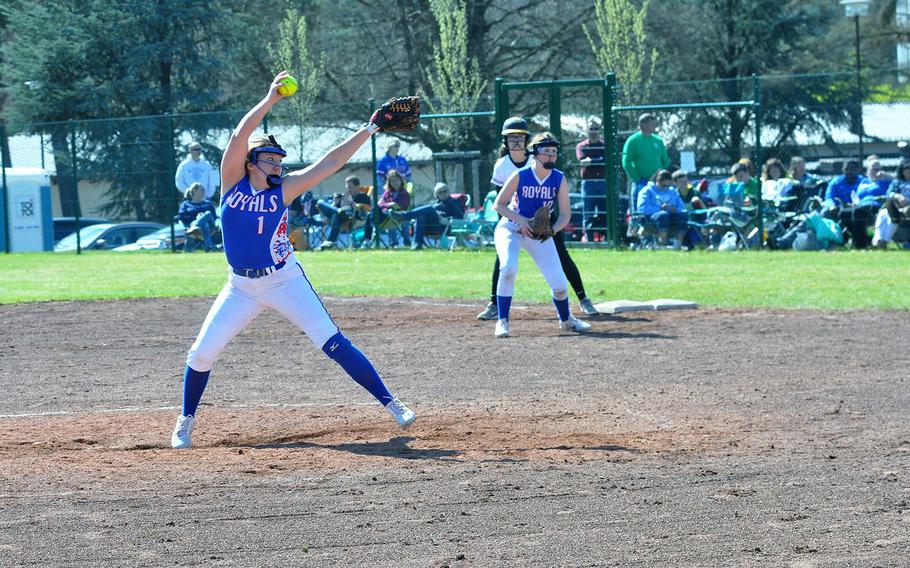 Ramstein pitcher Abby Walker readies a pitch in the Royals' 15-6 defeat of the Stuttgart Panthers on Saturday, April 14, 2018 at Ramstein Air Base.