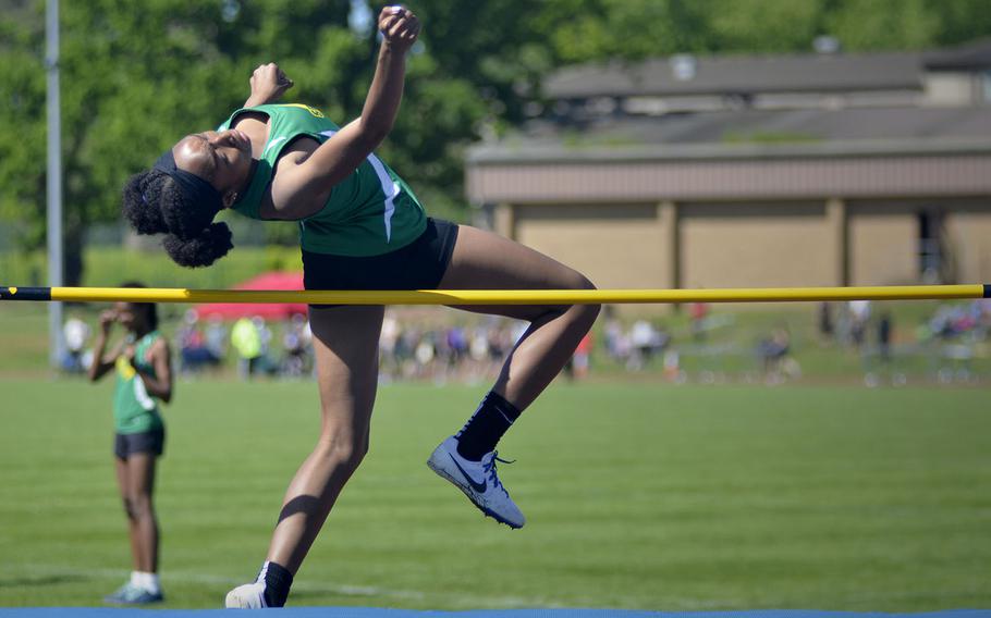 SHAPE athlete Mya Neals easily clears the bar for a 4-foot-7-inch high jump during a high school track meet at RAF Lakenheath, England, Saturday, May 19, 2018. Neal finished first with a high jump of 4 feet, 9 inches.
