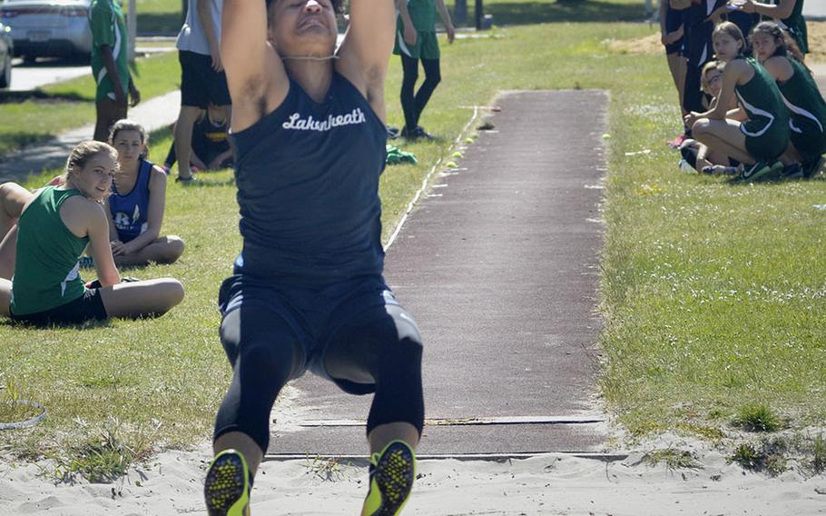 Lakenheath's Ion Duenes leaps for 17 feet, 11.5 inches in the long jump event during a high school track meet at RAF Lakenheath, England, Saturday, May 19, 2018. The Lancers are expecting to send 28 track athletes to compete in the DODEA European championships next weekend.