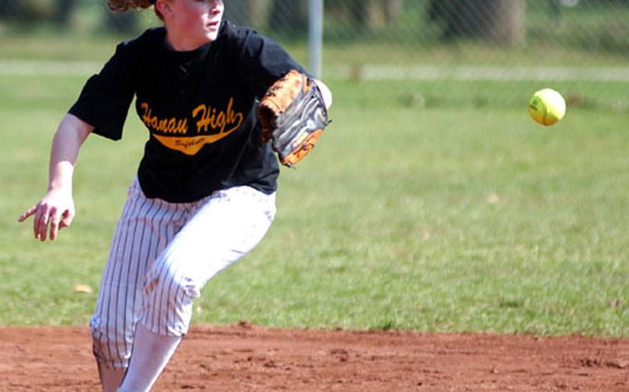 Hanau shortstop, Chassity Pellegrino, tries to field a ground ball hit up the middle during a softball game against Wiesbaden in Wiesbaden, Germany, on Saturday.