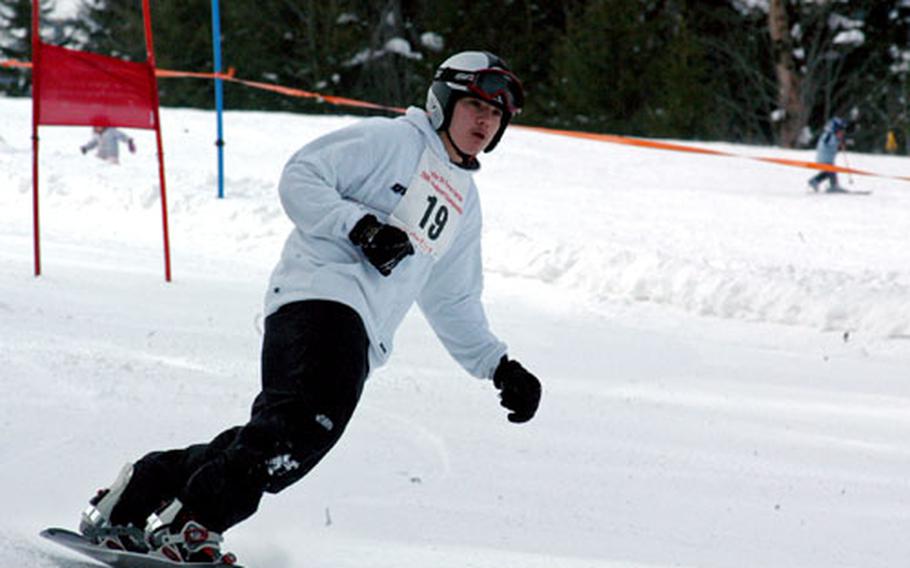 Snowboarder Joey Perez from Stuttgart, Germany, approaches the final gates near the finish line.
