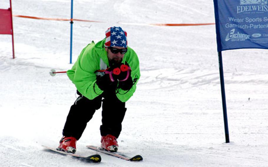Steven Eckert of Grafenwöhr, Germany, lights up the giant slalom course with a neon-green and star-spangled bandana ensemble.