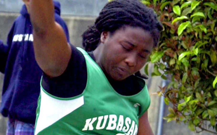 Pinkey McBride of the Kubasaki Dragons puts the shot during Saturday’s Kanto Plain Association of Secondary Schools track and field championships at Bonk Field, Yokota Air Base, Japan. McBride won the event with a toss of 10.17 meters, and shattered the 27-year-old meet record with a distance of 10.58 meters during the preliminary round.