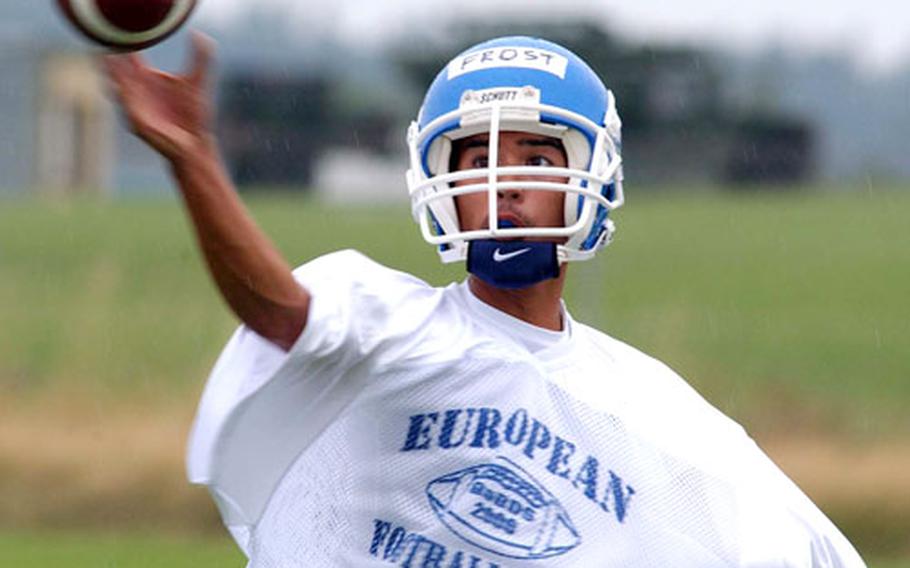 Rota&#39;s Sterling Frost launches a pass during a quarterback drill at the DODDS-Europe football camp.