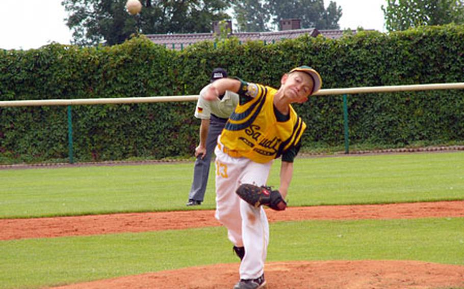 Winning pitcher Chris Beyers of Saudi Arabia fires the ball Saturday during his 6-0, four-hit shutout of Dubai in the semifinals of Little league Baseball’s Transatlantic Regional in Kutno, Poland. Beyers was forced to leave the game with two out in the final inning when his pitch count reached the limit of 85 imposed by Little league Baseball. Saudi Arabia will play London in Sunday&#39;s title game.