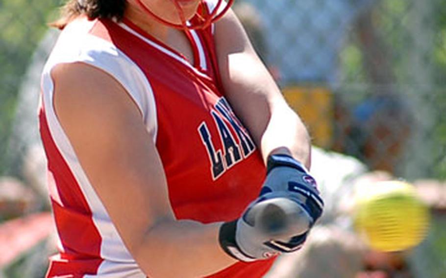 Lakenheath&#39;s Jessica Serd connects for a hit in the first game of Saturday&#39;s doubleheader.